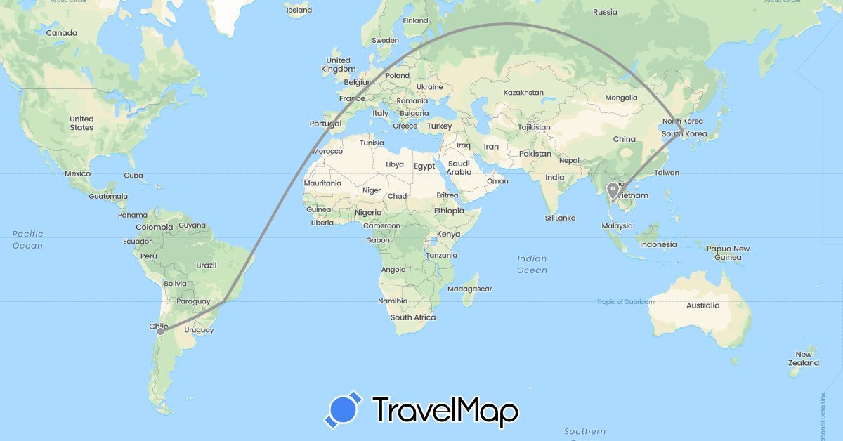 TravelMap itinerary: driving, plane in Brazil, Chile, Germany, South Korea, Thailand (Asia, Europe, South America)